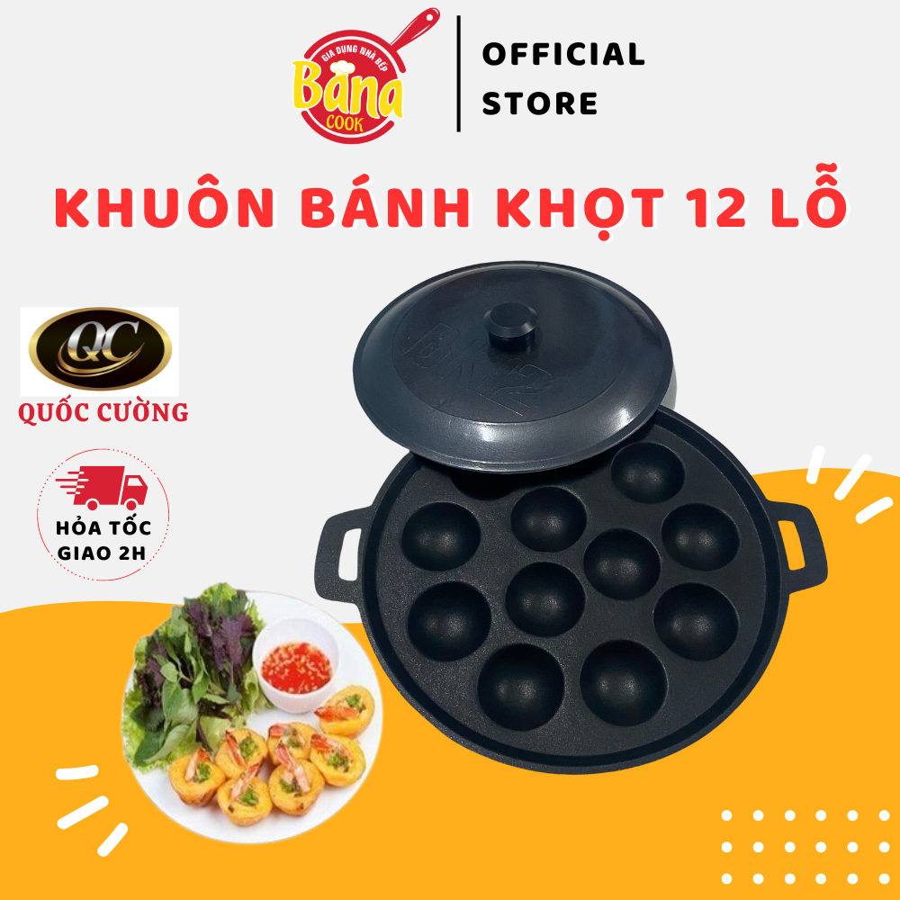 Khuôn Bánh Khọt 12 Lỗ Chống Dính Quốc Cường Kèm Nắp - BANA COOK