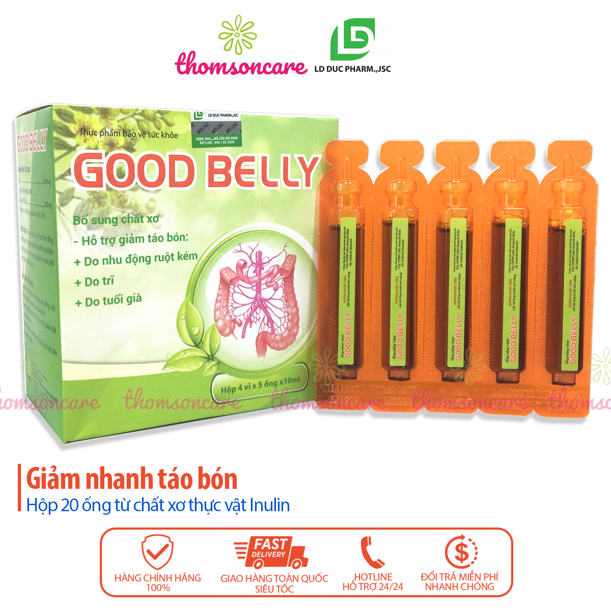 Siro giảm táo bón, nhuận tràng từ chất xơ Inulin và thảo dược Good Belly Hộp 20 ống uống cho trẻ em và người lớn