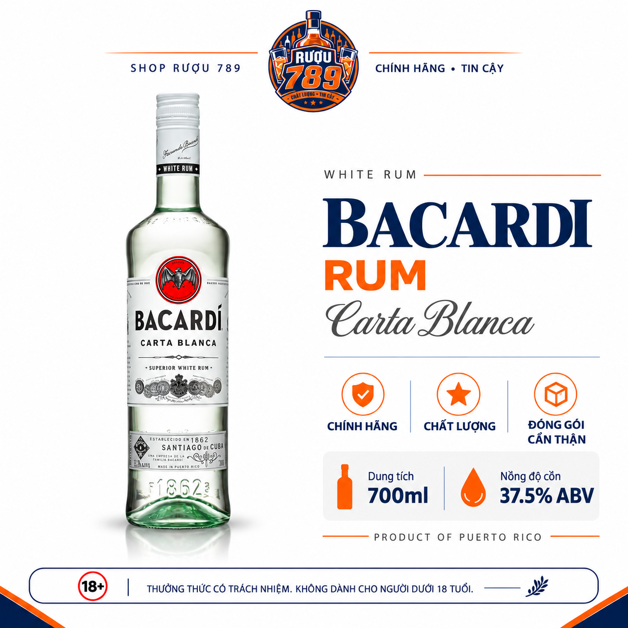 Rượu Rum Bacardi Carta Blanca 700ml – 37.5% | Puerto Rico | Chính hãng | Rượu 789