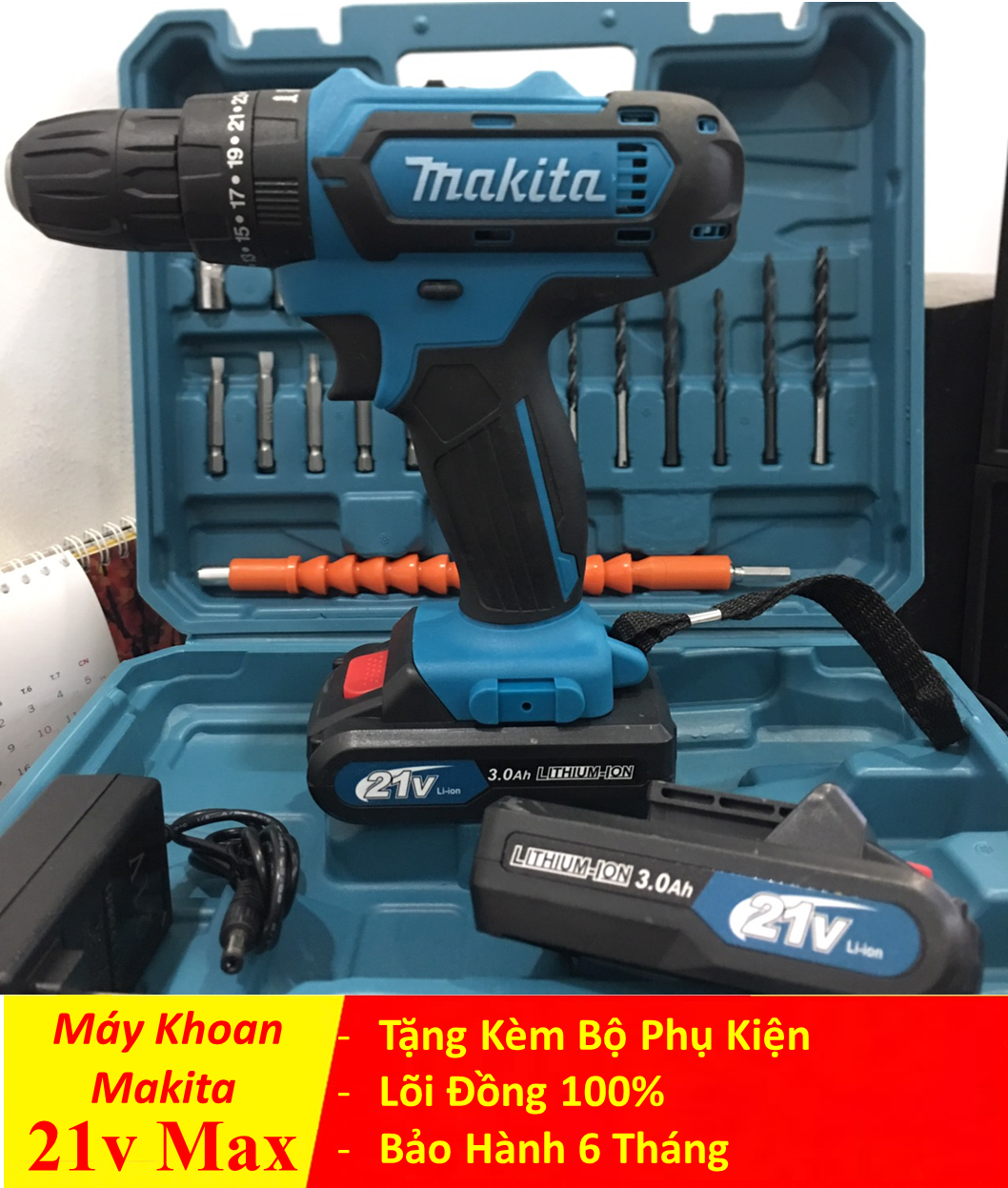 Máy khoan Pin Makita 21v- Có búa, tặng kèm bộ phụ kiện 24 chi tiết