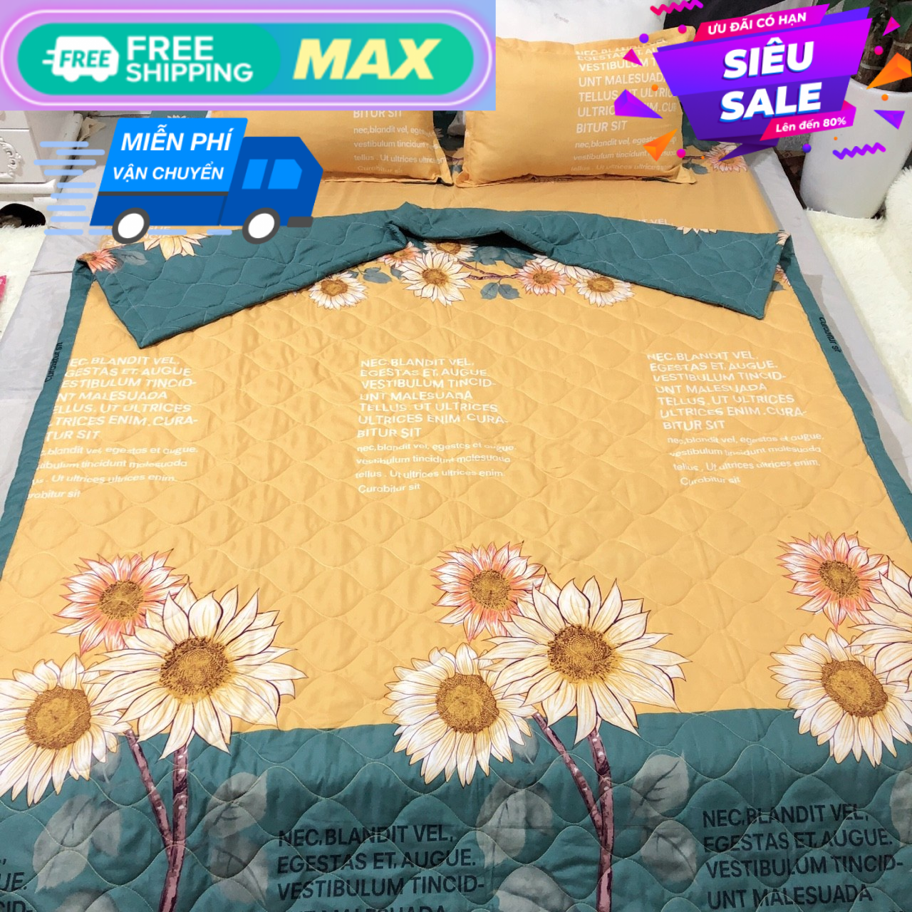 Chăn Hè Thu Chần Bông Cotton Mẫu Cành Hoa Hướng Dương