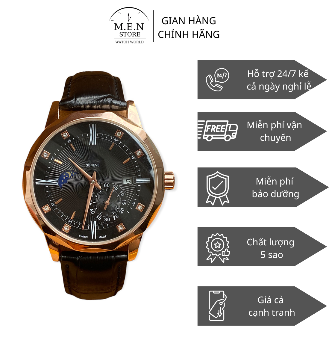 Đồng hồ nam cơ automatic cọc giờ bọc đá dây da sang trọng