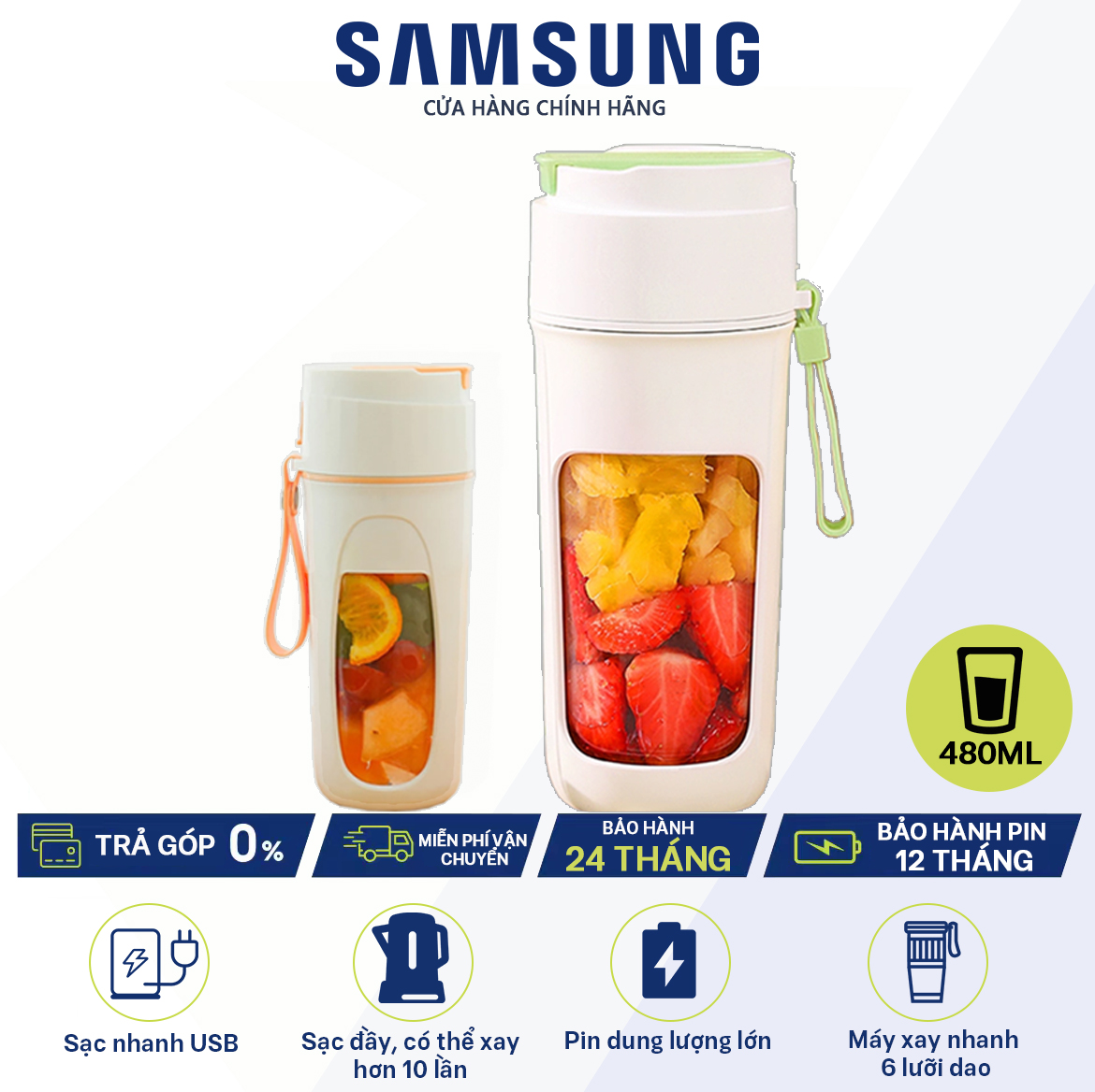 Bảo hành 24 tháng-Máy xay sinh tố năng 6 lưỡi dao, pin sạc 3000mAh, công suất 50W, hình cốc, xay được 480ml đá viên-Máy xay cầm tay