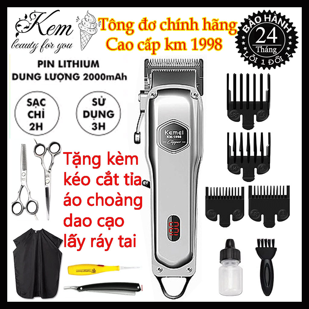 [Xả Xả] Tông đơ cắt tóc cao cấp Kemei 1998 thân nhôm nguyên khối, tăng đơ hớt tóc (tong do cat toc) chuyên nghiệp không dây sạc pin + Tặng bộ lấy dáy tai có đèn