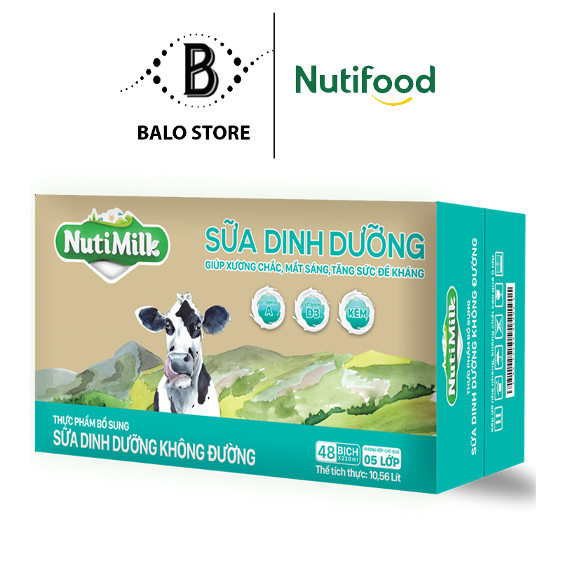 Thùng 48 Hộp NutiMilk Sữa dinh dưỡng Không đường Bịch fino 220ml TU.SDDKD220LA - Thương Hiệu NUTIFOOD - BALO STORE