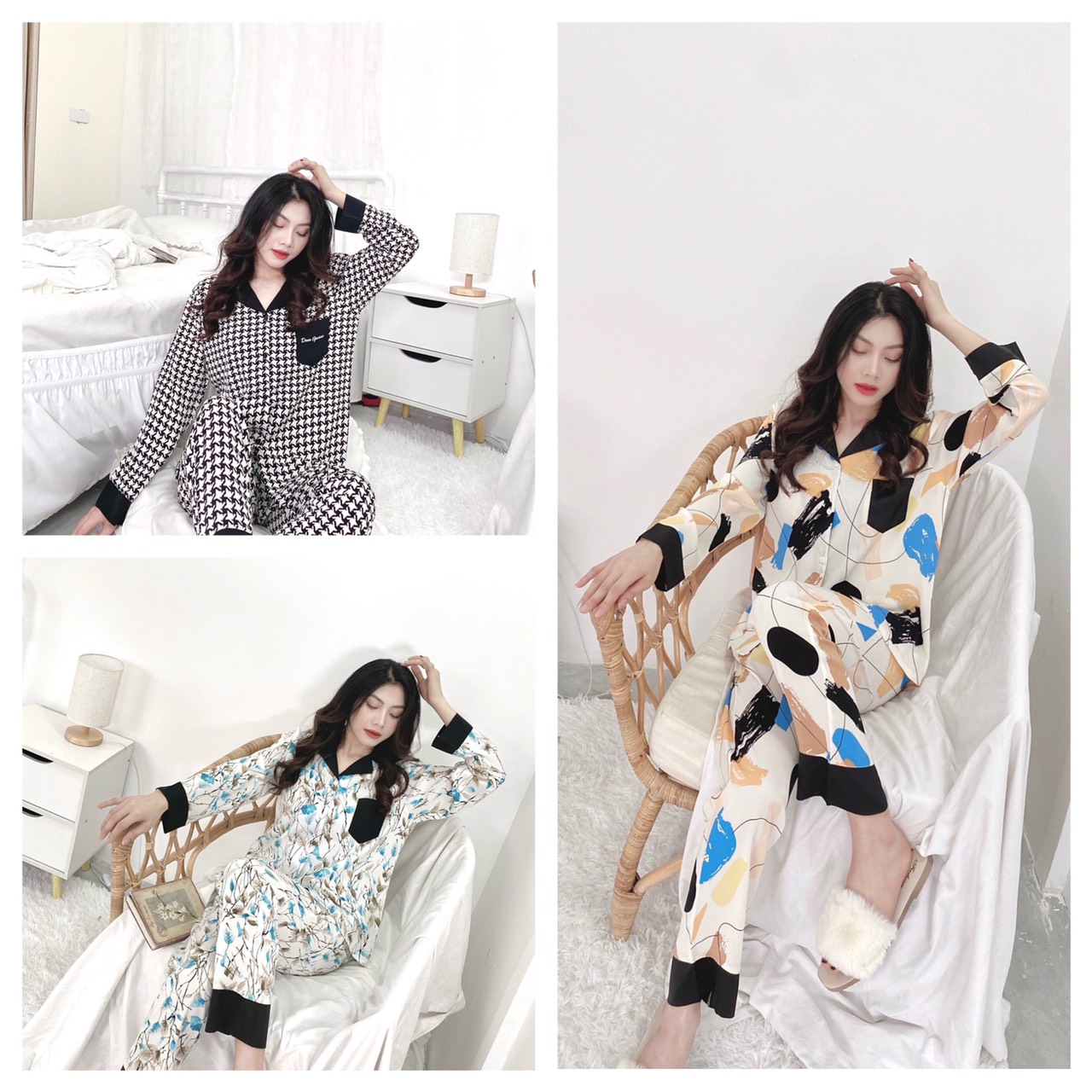 Đồ ngủ nữ🌸đồ bộ pijama lụa tay dài họa tiết chất liệu satin