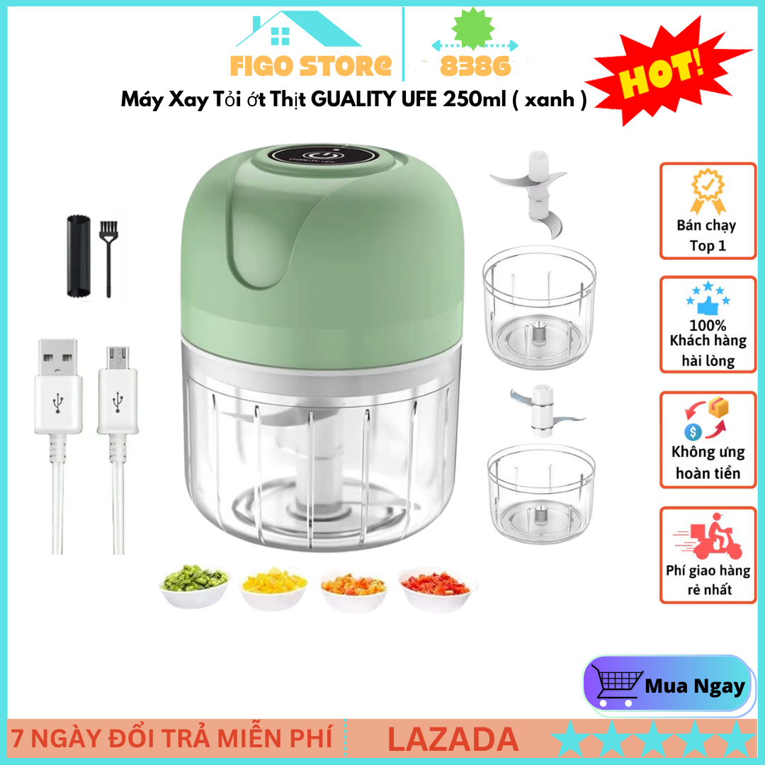 Máy xay cầm tay mini, Máy Xay Tỏi ớt Thịt GUALITY UFE 250ml ( xanh ) pin sạc Loại Tốt, Máy Xay Tỏi Ớt Đa Năng, Máy xay tỏi ớt 250ML mẫu mới 2025 công suất lớn siêu khỏe an toàn tiện lợi