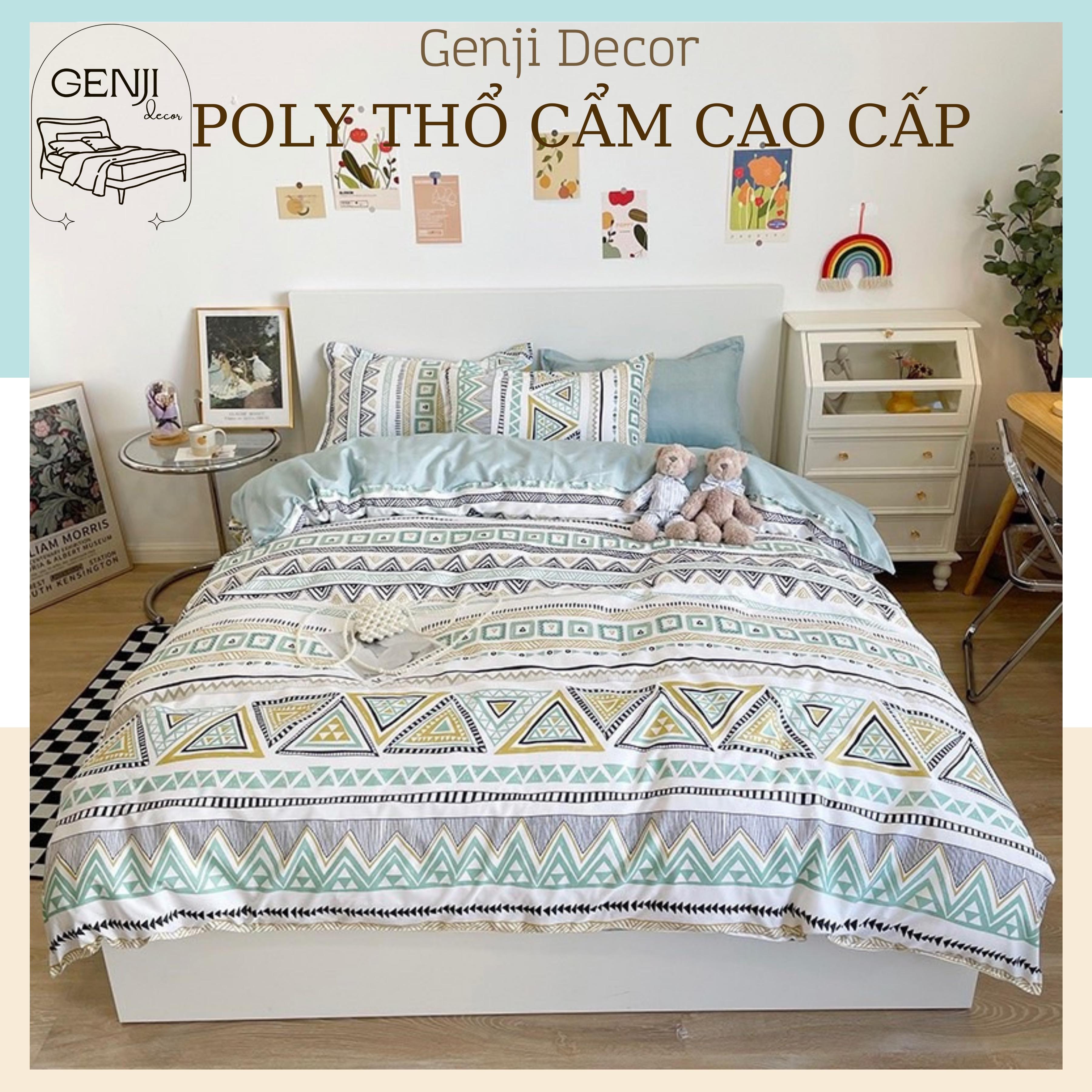 Bộ chăn ga gối cotton poly thổ cẩm Genji Decor, bộ chăn ga gối 5 món cao cấp đầy đủ kích thước