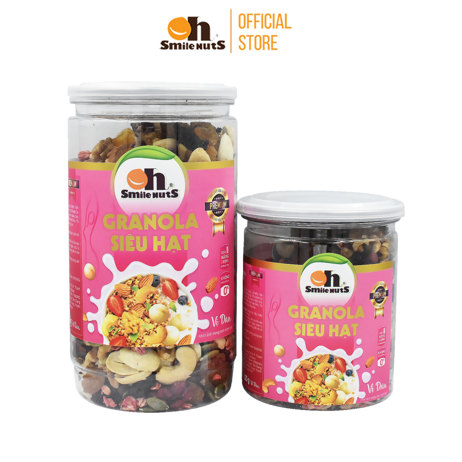 Granola Siêu Hạt Vị Dâu Smilenuts Gồm Hạnh Nhân, Óc Chó, Yến Mạch, Nho Khô... Khối Lượng 450gr & 225gr/Hộp
