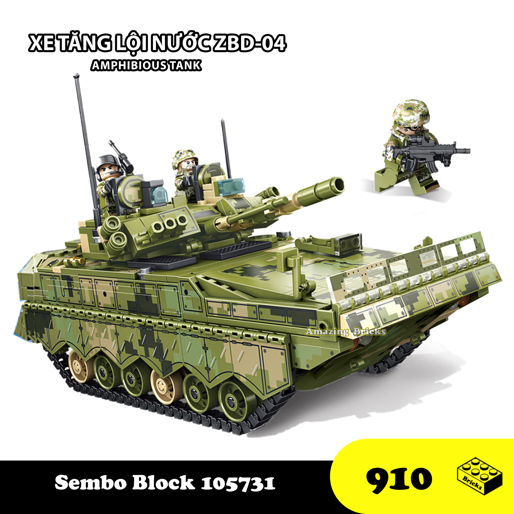 Đồ chơi Lego lắp ráp Xe Tank Lội nước ZBD-04, Sembo Block 105731 Amphibious tank Tracked 04, Xếp hình thông minh [910 Mảnh ghép]