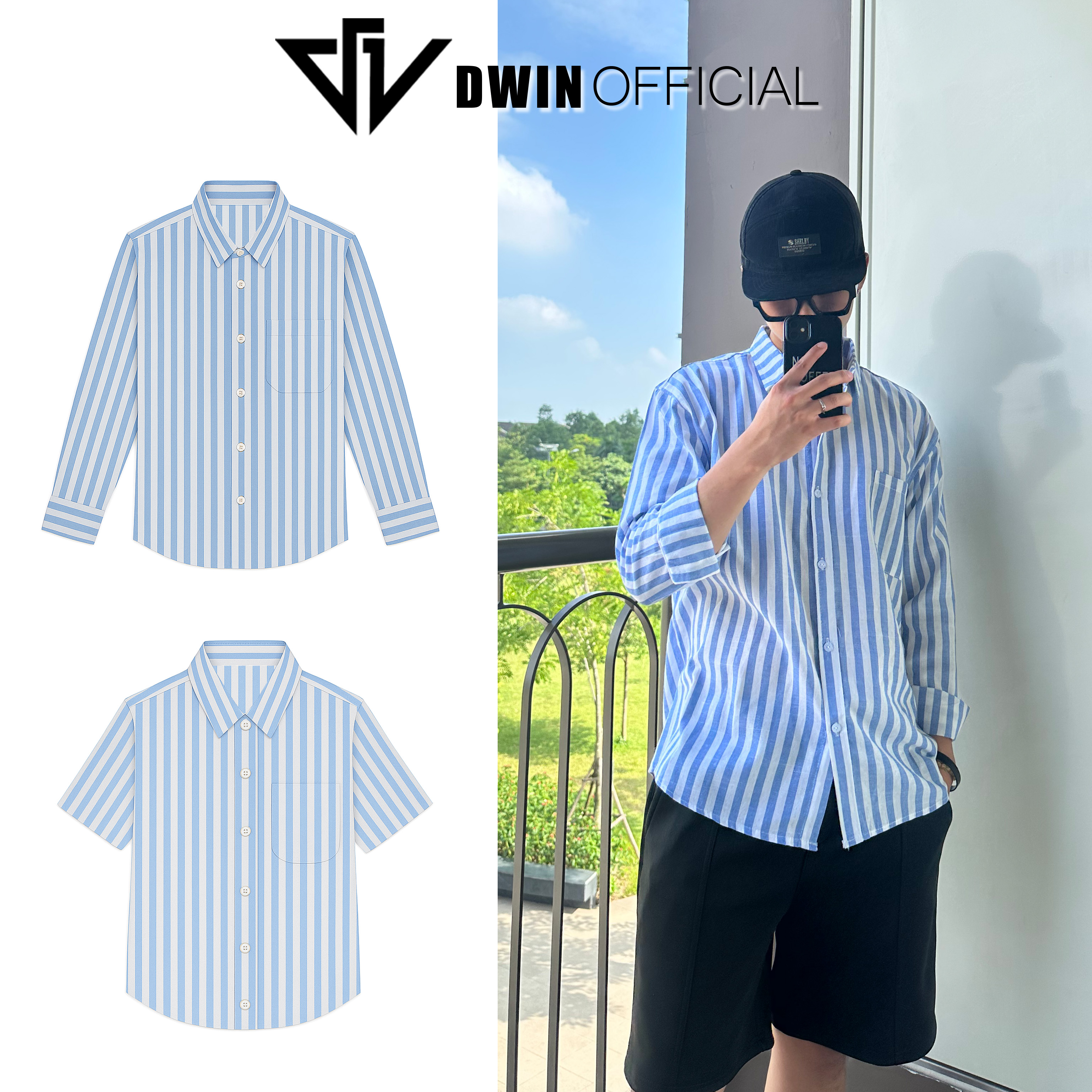 Áo sơ mi đi biển mùa hè nam nữ DWIN họa tiết kẻ sọc vải đũi form rộng local brand