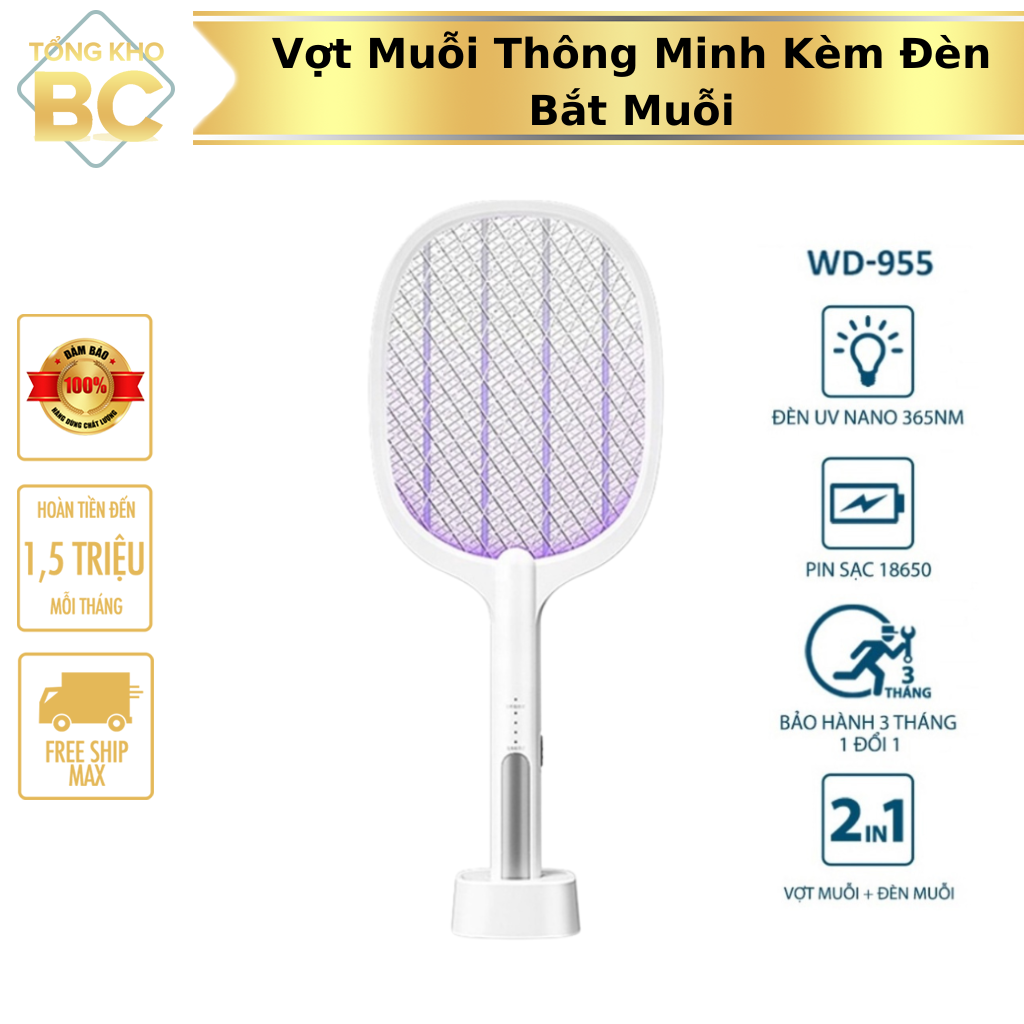Vợt muỗi kèm đèn bắt muỗi tự động thông minh, vợt muỗi thế hệ mới kèm chức năng đèn bắt muỗi thiết kế an toàn cho người sử dụng