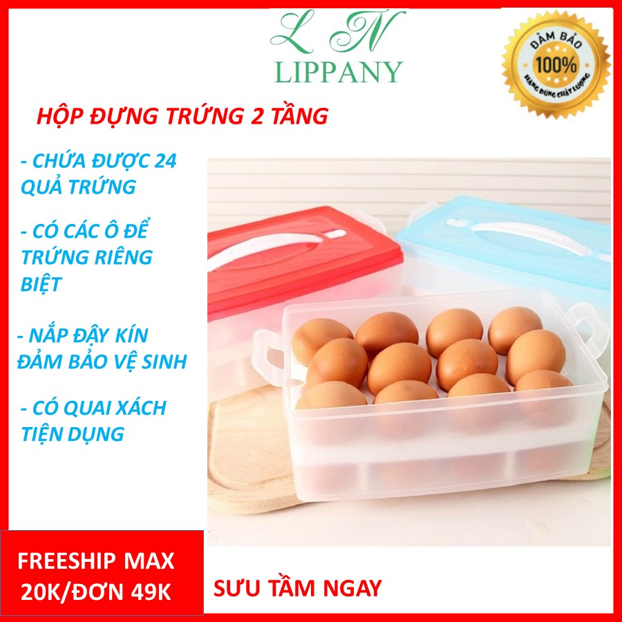 Hộp đựng trứng 2 tầng tiện dụng - Khay đựng trứng 24 quả có nắp