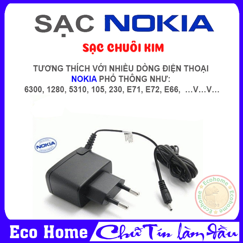Cục sạc nokia chân kim, sạc chuôi nhỏ dùng cho nokia 1110i, 1202, 1280, 1200, 6300, 2700, e71, e72,…