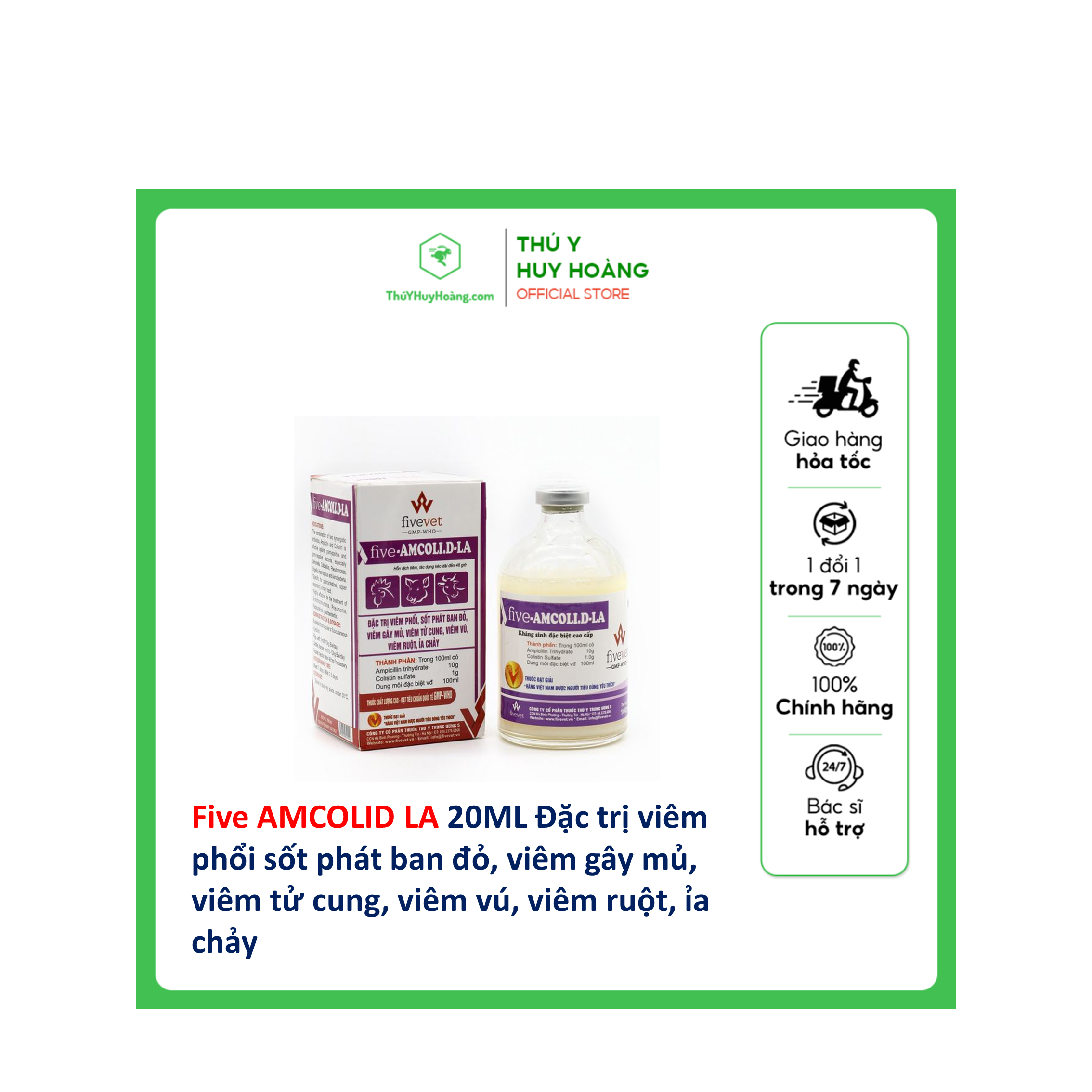 Five AMCOLI D LA 20ml viêm phổi sốt viêm có mủ tiêu chảy phân trắng phân xanh phân nhớt vàng trên heo trầu bò dê