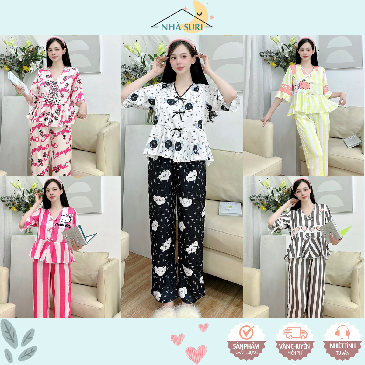 Đồ ngủ mặc nhà tay lửng quần dài lụa xước ánh kim nhiều in họa tiết dễ thương