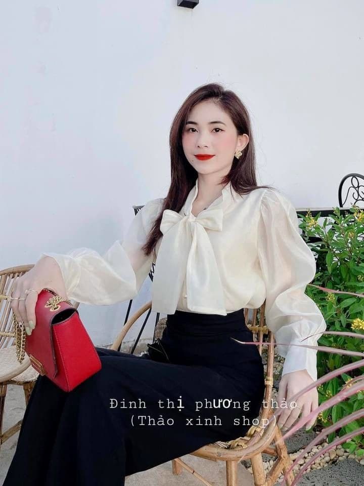Áo sơ mi tay dài thắt nơ cổ vải tơ tằm ánh kim đẹp mê 1131A41B1