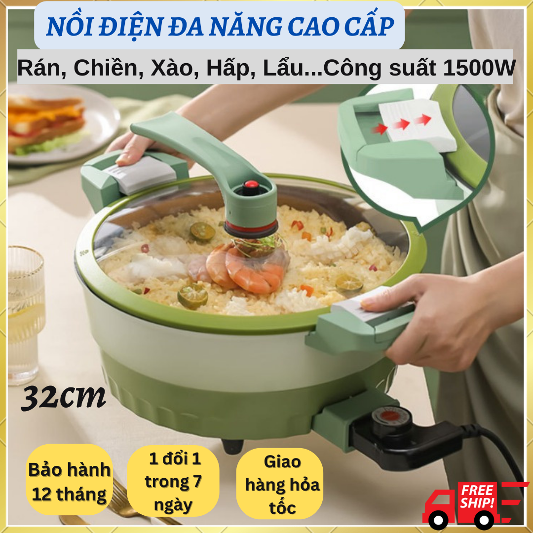 Chảo lẩu điện đa năng 32cm, Chảo điện, bếp lẩu điện, nồi điện đa năng có lớp chống dính cao cấp công suất 1500W phù hợp 5-6 người ăn