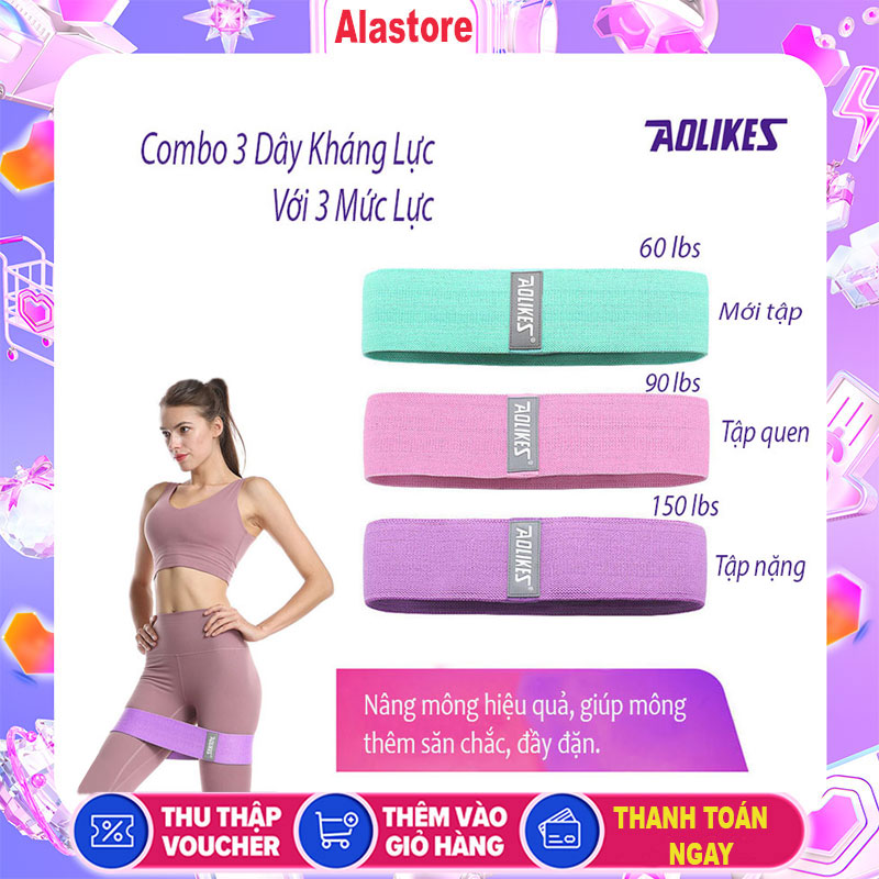 3 dây đàn hồi kháng lực tập mông miniband aolikes với 3 mức lực 60 lbs - 90 lbs -150 lbs bo25