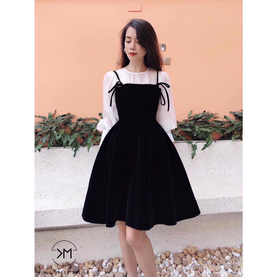 [freeship]yếm nữ dạng váy xòe kết hợp áo sơ mi kiểu dài tay tay phồng chất liệu kate phối cát - Girly store