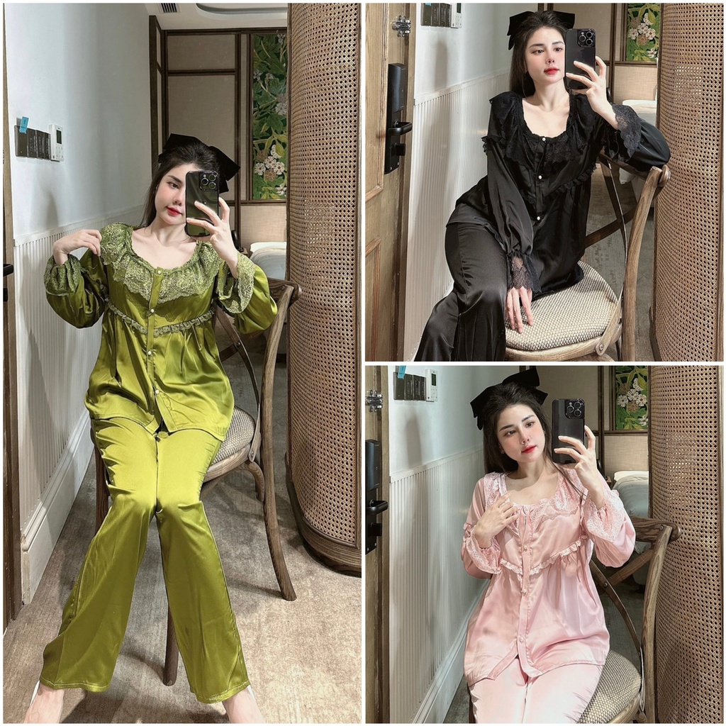 Đồ ngủ, pijama tiểu thư tay dài cổ tròn nút ngọc thiết kế phối ren 6 màu chất lụa mịn mượt - đồ bộ nữ freesize