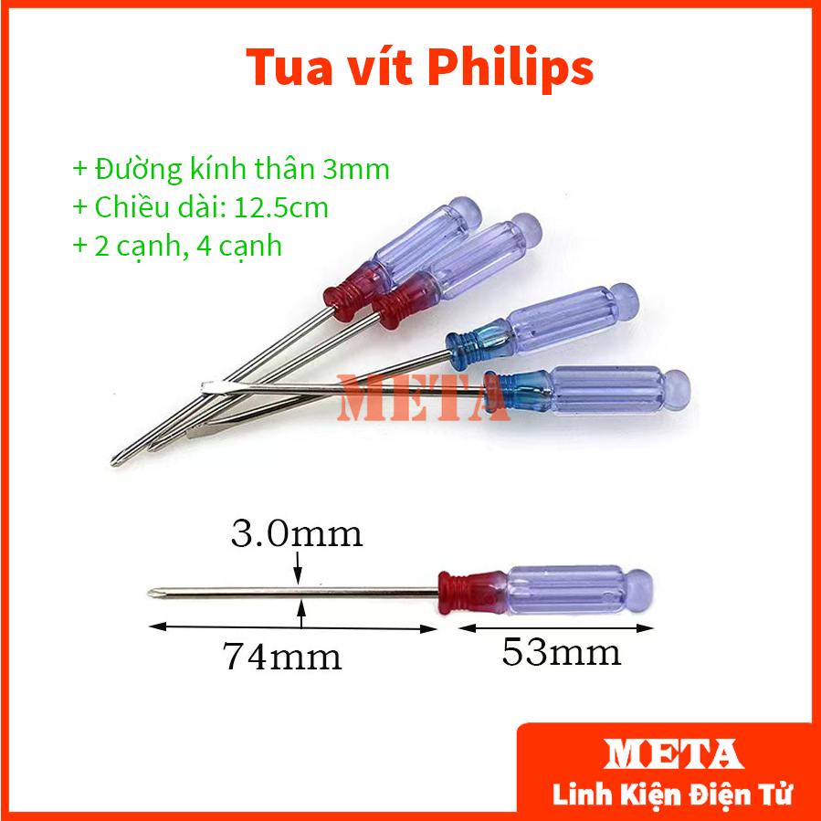 Tua vít Philips nhỏ 3mm 2 cạnh, 4 cạnh cán pha lê trong suốt - tua vít 2 cạnh, tua vít 4 cạnh 3mm
