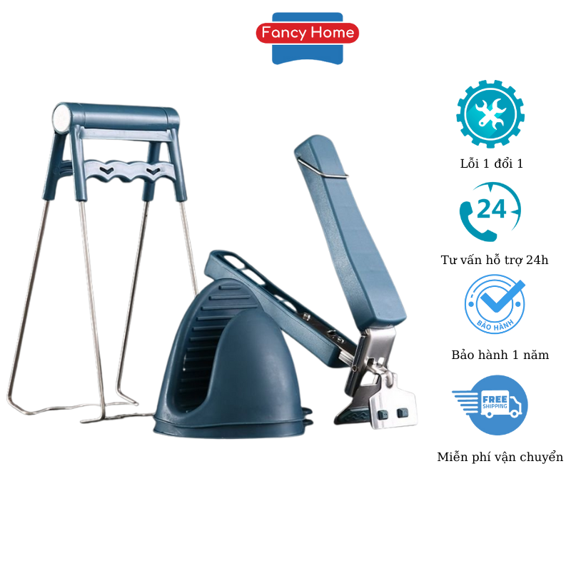 [SET 6 MÓN] Bộ dụng cụ nhà bếp chống nóng - Găng tay bắc nồi, miếng lót Silicone, kẹp gắp nóng thép không gỉ - Fancy