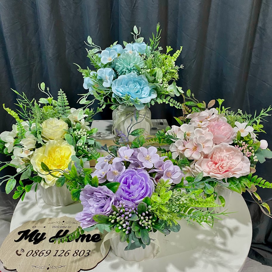 Hoa giả - Bó hoa hồng mix mẫu đơn cắm sẵn mô phỏng hoa cưới, hoa cầm tay cây cảnh trang trí, để bàn