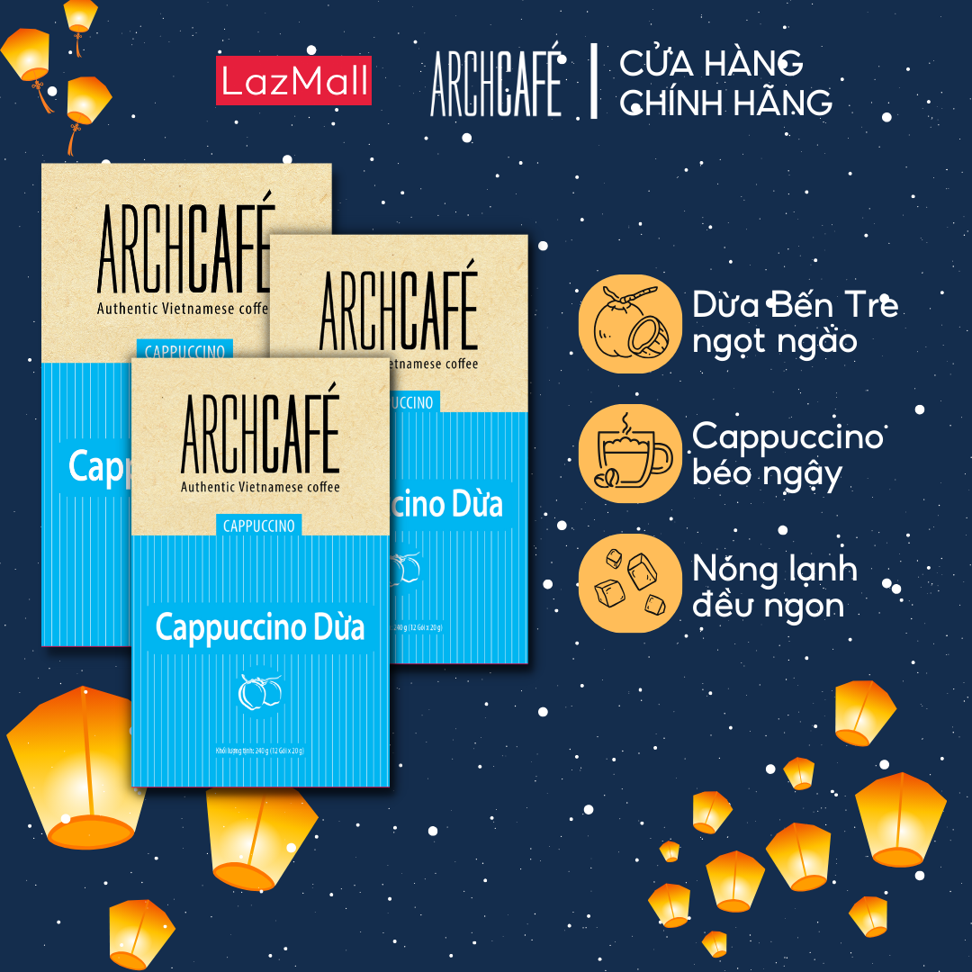Combo 3 hộp Cappuccino Dừa - Cà phê hòa tan Archcafe (Hộp 12 gói x 20g)