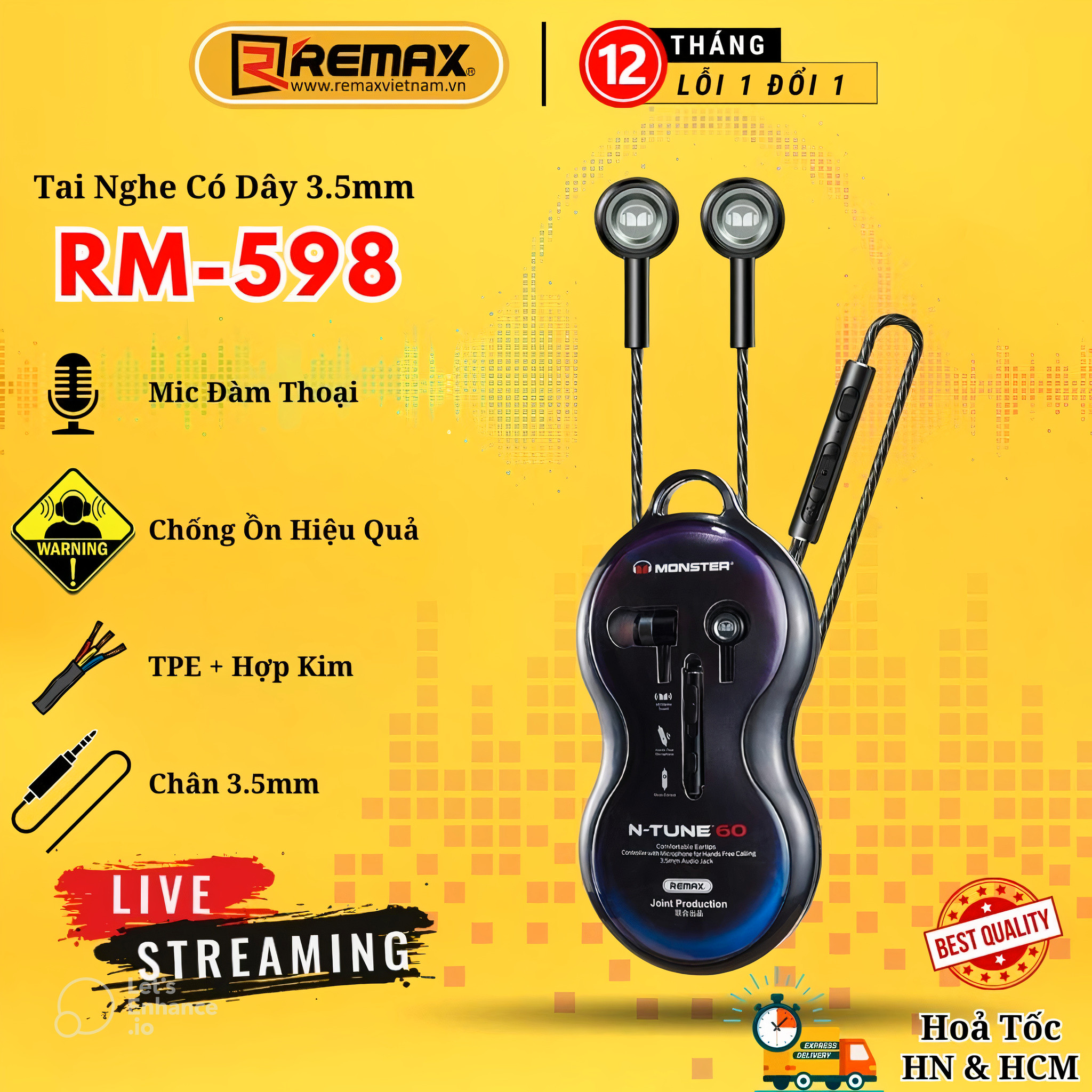 Tai nghe nhét tai có dây chân 3.5mm remax việt nam rm-598 chống ồn remax bảo hành 12 tháng 1 đổi 1