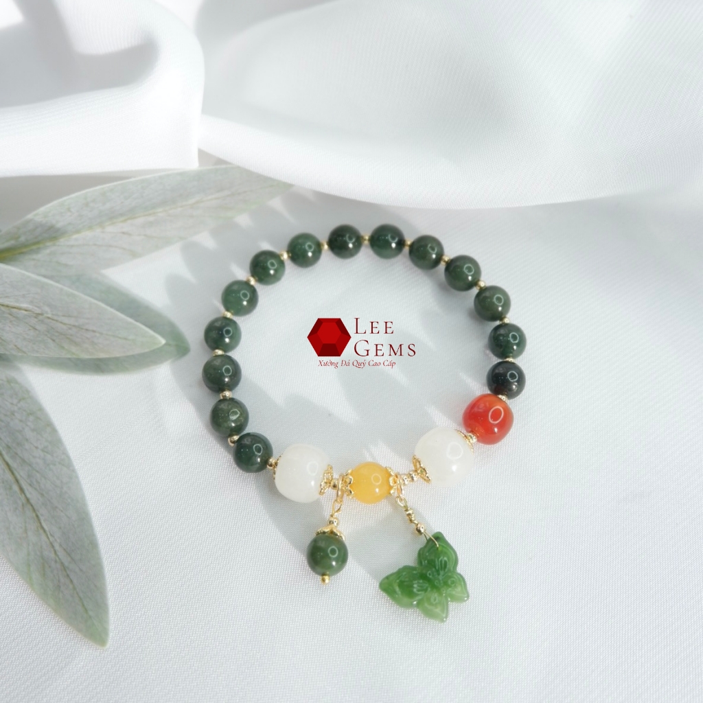Vòng tay Ngọc Cẩm Thạch Tự Nhiên Jadeite , kết hợp Charm Ngọc Bích Xinh Lung Linh, size 08li