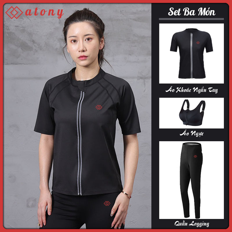 Đồ Tập Sinh Nhiệt Đổ Mồ Hôi Giảm Mỡ Bụng ATONY Tráng Nano Bạc Nhật Bản - Set 3: Áo Khoác Ngắn Tay + Áo Ngực + Quần Tan Mỡ Bụng