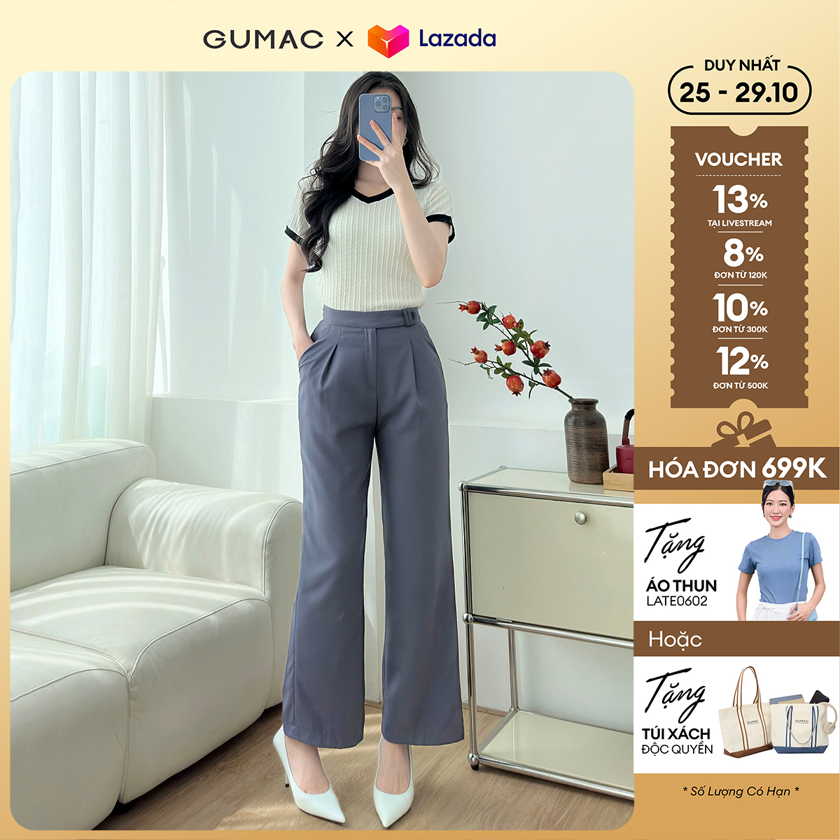 Quần tây nữ lưng kiểu chiết ly thời trang GUMAC QE12093