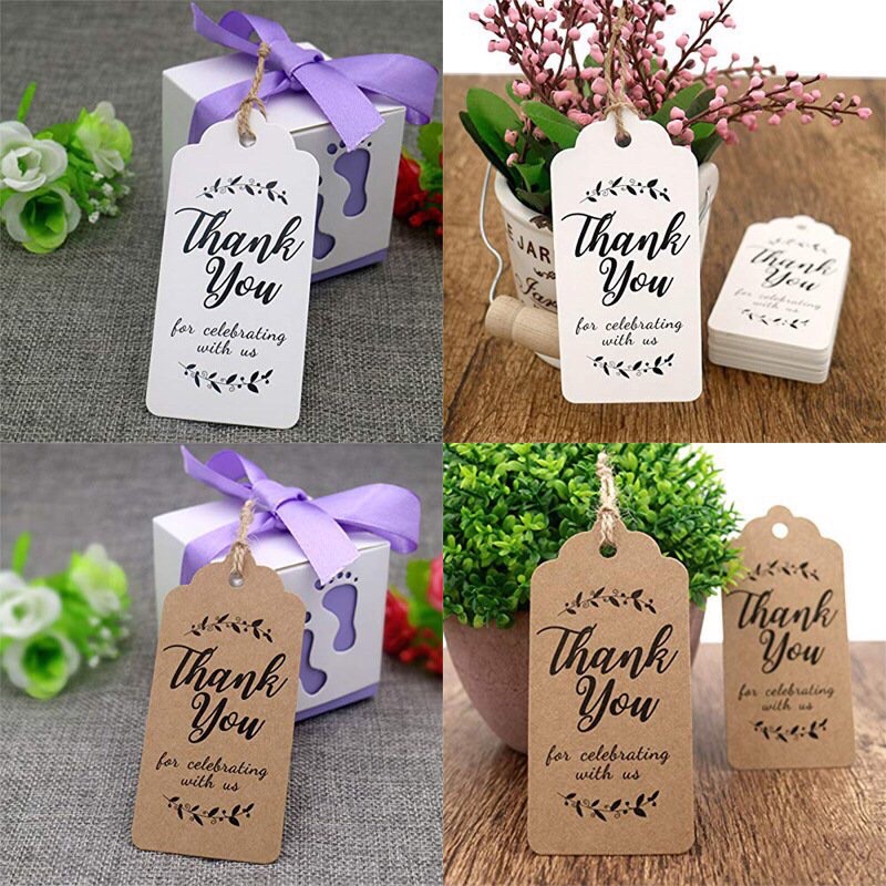 Set 100 tag tem thank you, tem giấy Kraft treo kèm 15m dây đay