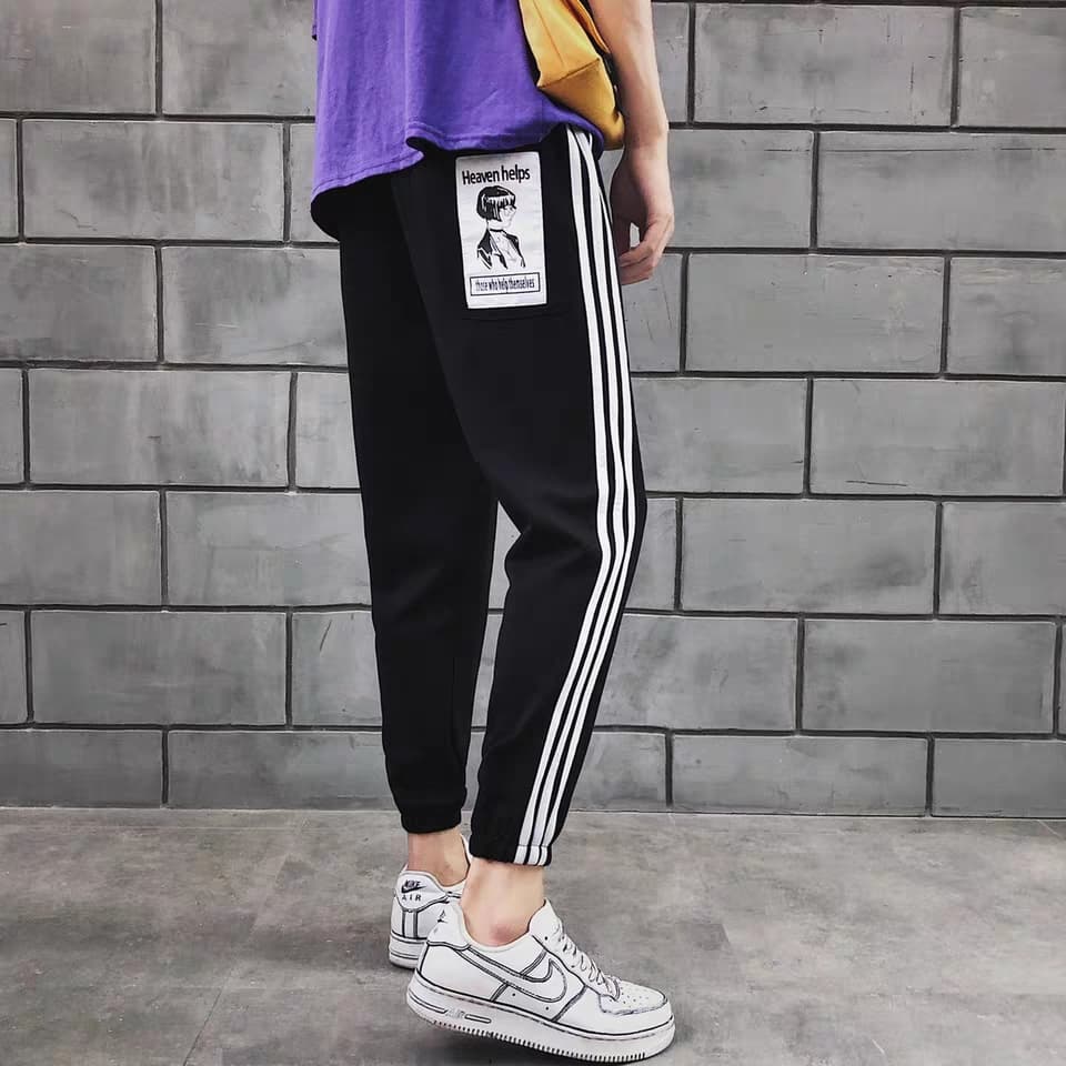 Quần thể thao nam 3 sọc túi in hình vải co giãn tập gym, đi chơi, màu đen FREE SHIP