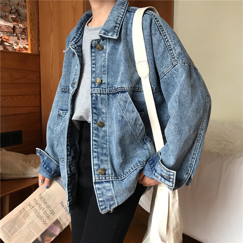 AB1_9SCAT Áo khoác Jean demin, áo khoác bò dáng rộng phong cách retro