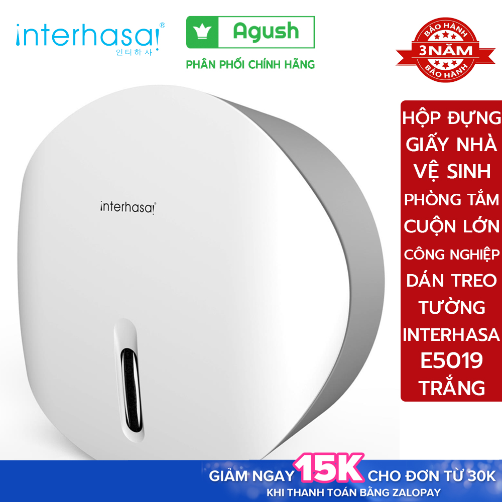 Hộp đựng giấy vệ sinh cuộn lớn dán tường INTERHASA E-5019 trắng tròn treo trong nhà vệ sinh toilet phòng tắm loại cỡ lô công nghiệp 700g  bằng nhựa ABS chống nước cao cấp vs đồ dụng cụ lắp đặt dính gắn tường không khoan