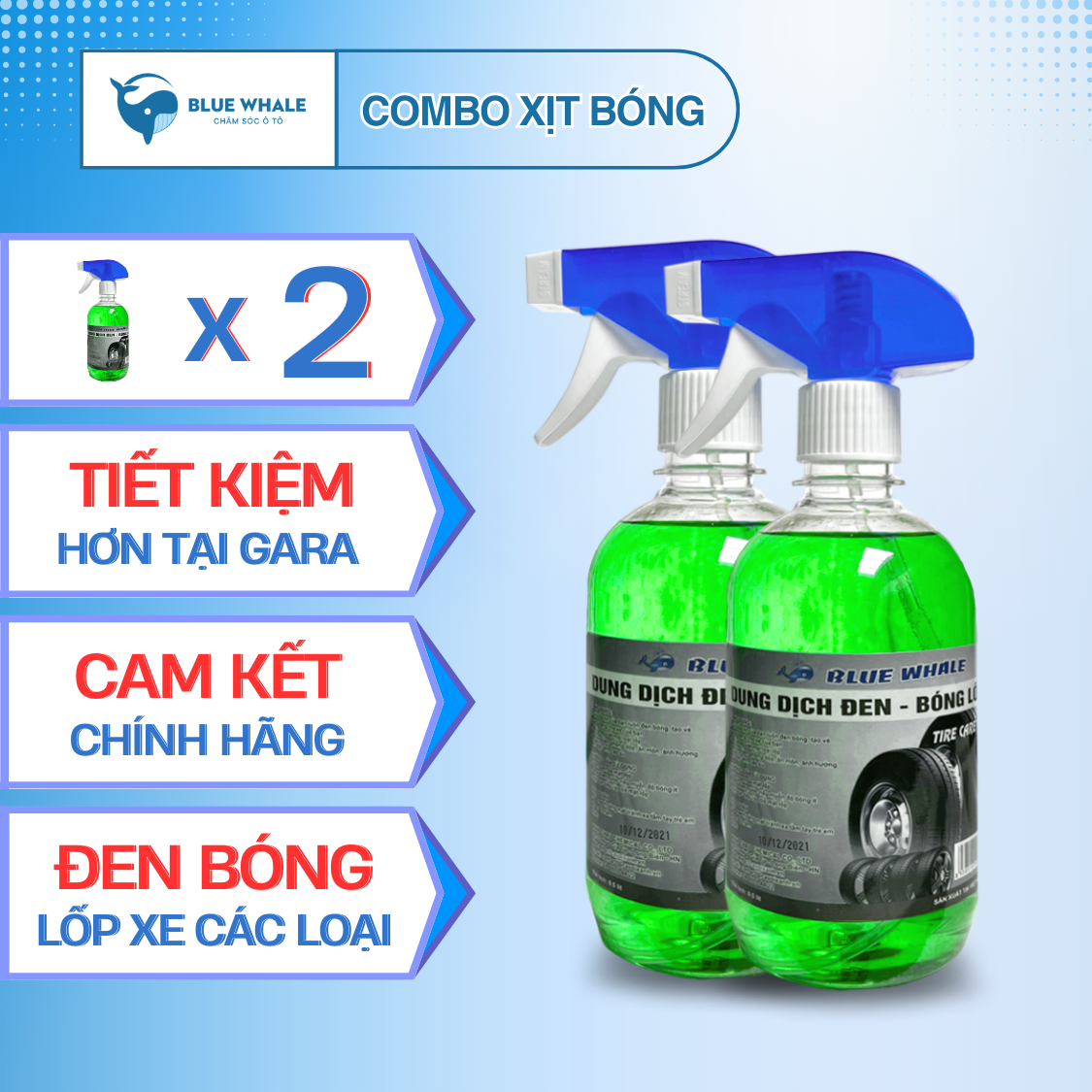 Combo 2 chai xịt làm đen bóng bảo vệ lốp BlueWhale 500ml chính hãng cho lốp ô tô, xe máy, xe đạp