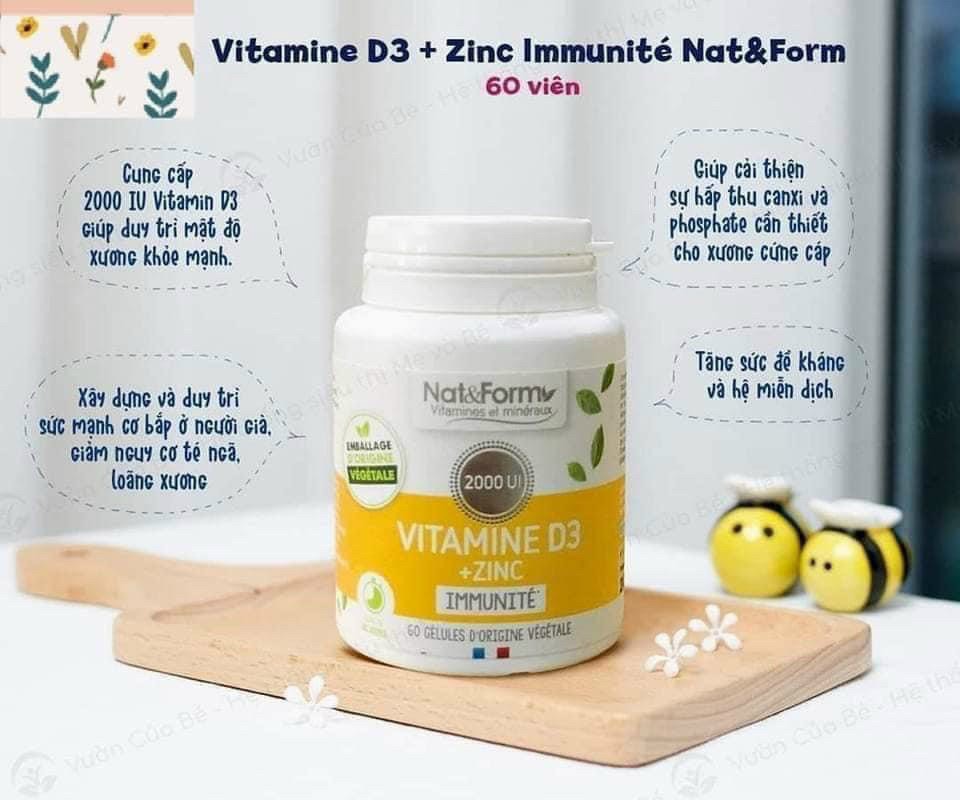 Viên uống vitamin d3 + zinc nat form hộp 60 viên của pháp