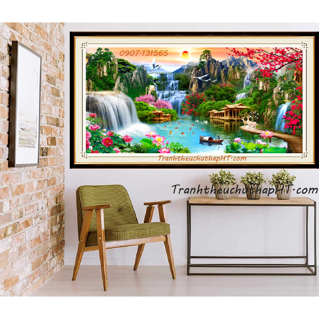 Tranh thêu chữ thập Phong cảnh lưu thủy sinh tài 100*51cm, 120*60cm - tự thêu