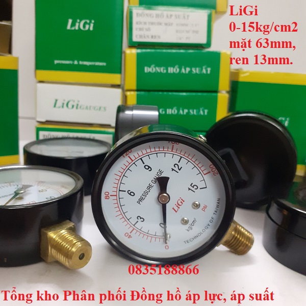 Đồng hồ đo áp suất nước, hơi, khí nén 15kg/cm2 mặt 63 chân ren 13mm