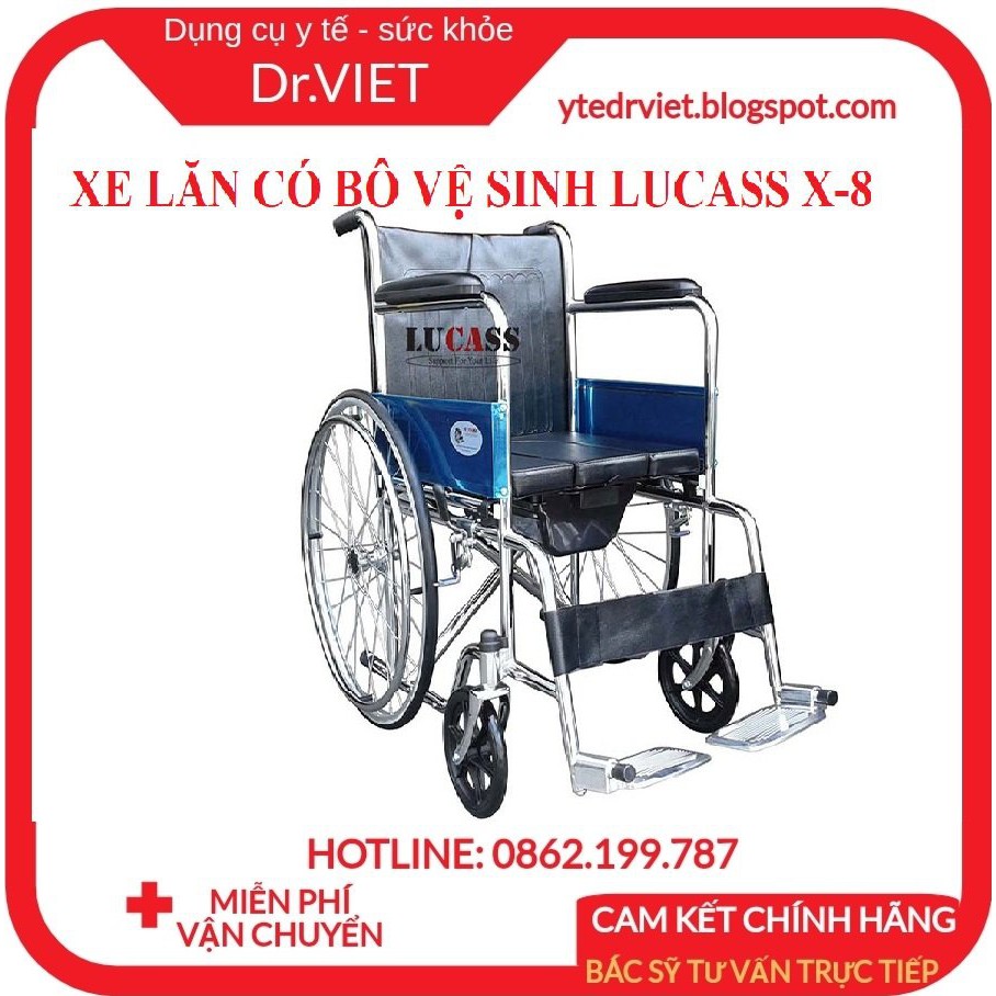 Xe lăn có bô vuông Lucass X8 Chính hãng - Xe lăn có bô vệ sinh cho người già, bệnh nhân, người khuyết tật, chỗ ngồi rộng,độ bên cao