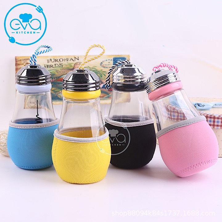 [HCM]Bình Thủy Tinh Kiểu Dáng Bóng Đèn Dây Tóc Có Dây Xách 450 Ml Kèm Vỏ Bọc Vải Neoprene
