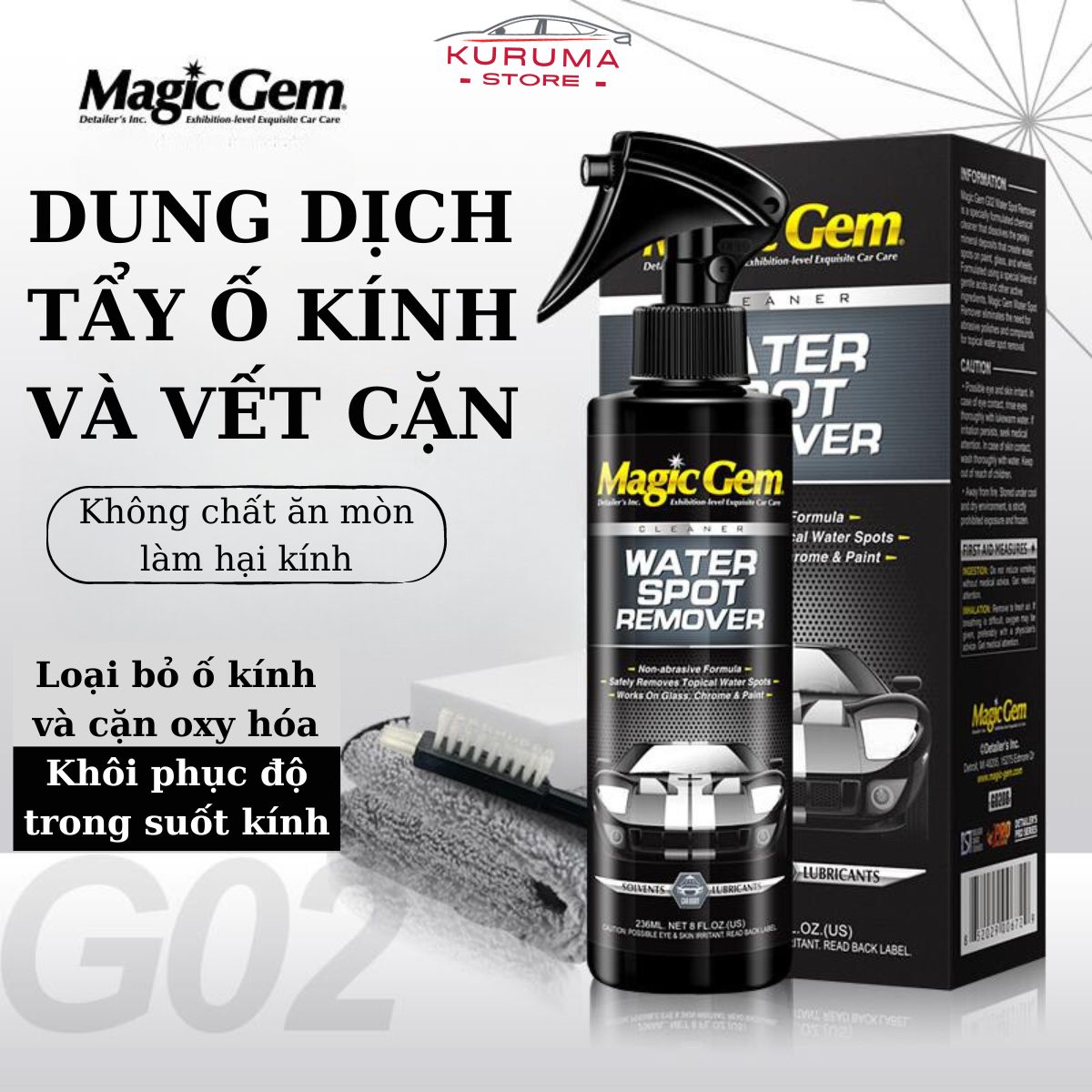 Tẩy ố kính ô tô Magic Gem giúp loại bỏ vết ố kính cặn canxi và logo xe bị oxy hóa khôi phục độ sạch trong sáng bóng.