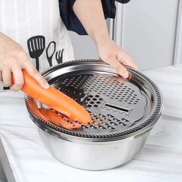 Bộ rổ inox kèm nạo rau củ 3 chi tiết-bộ rổ chậu kèm nạo đa năng tiện lợi-bộ rổ inox kèm nạo rau củ tiện dụng