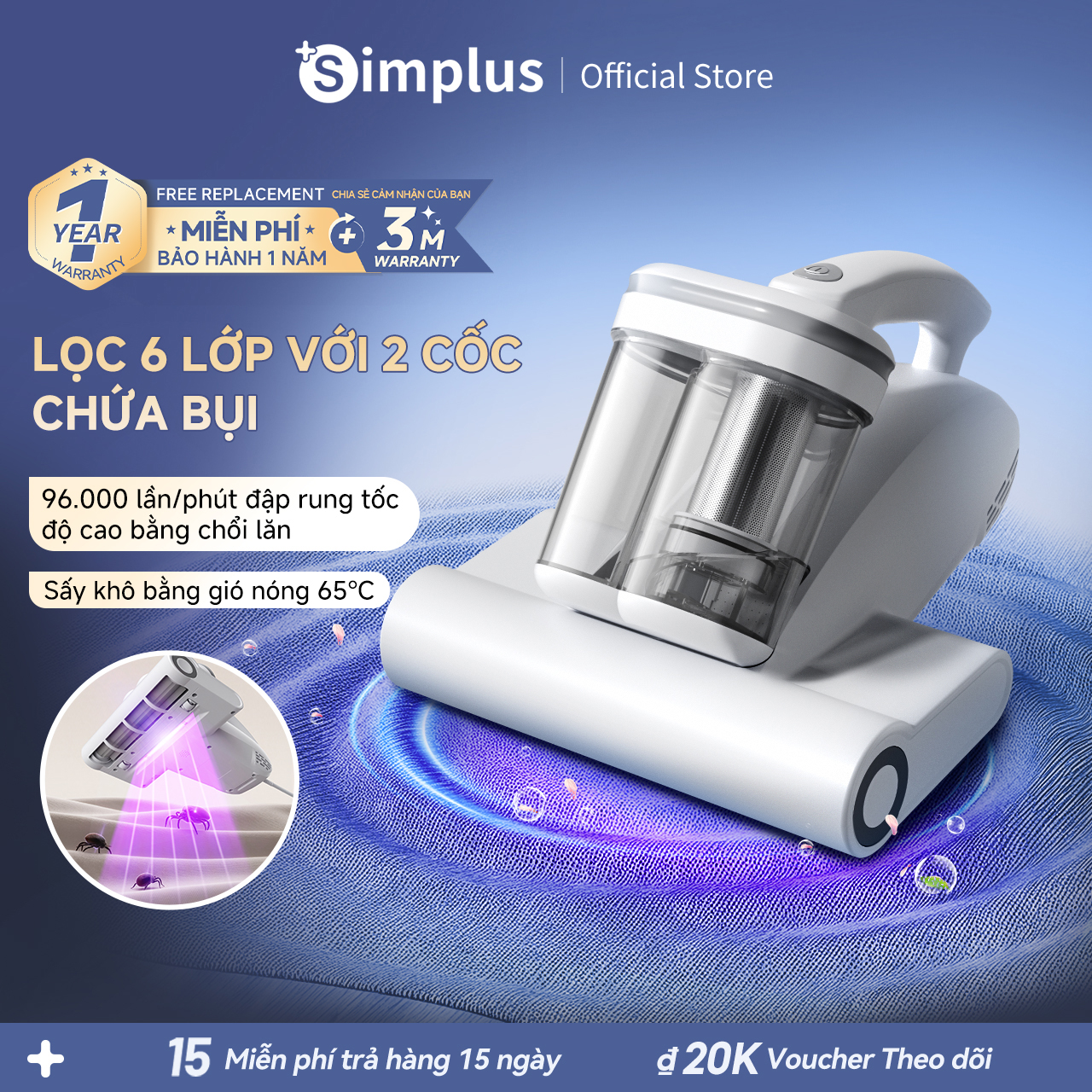 Simplus Bed and Mattress Vacuum Cleaner Designed with 2 Dust Containers Uv Rays to Kill Bacteria Blowing Speed 96,000 Rpm Strong Suction Power 18000Pa Drying with Hot Air High Quality Hepa F9 Filter Integrated Fragrance Cmyh007