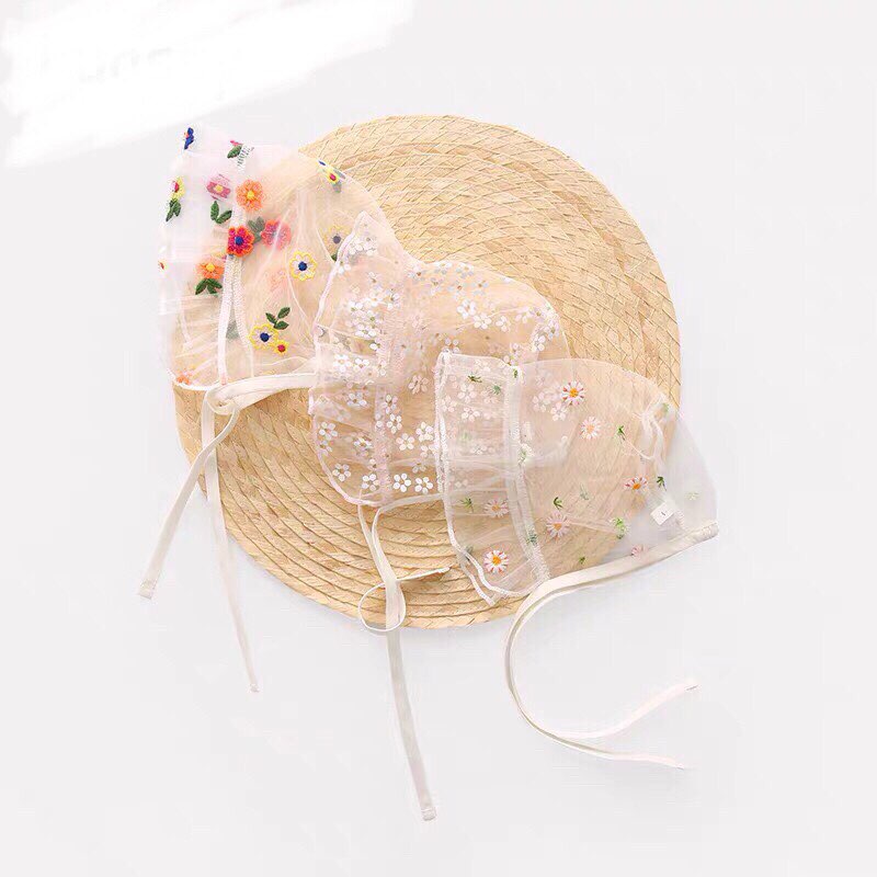 Mũ bonnet voan thêu hoa mềm mại cho bé nhỏ dưới 1 tuổi