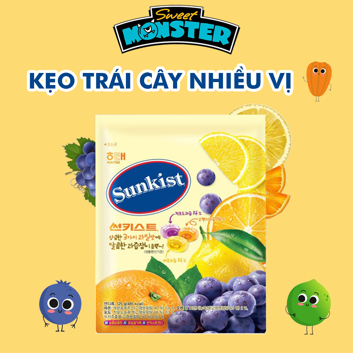Kẹo cứng nhân trái cây, kẹo ngậm các vị Sunkist Hàn Quốc gói 125gr - 09068