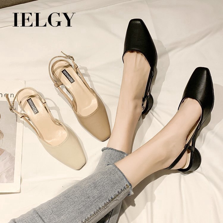 IELGY Giày sandal bít mũi đế thấp phong cách retro nữ tính