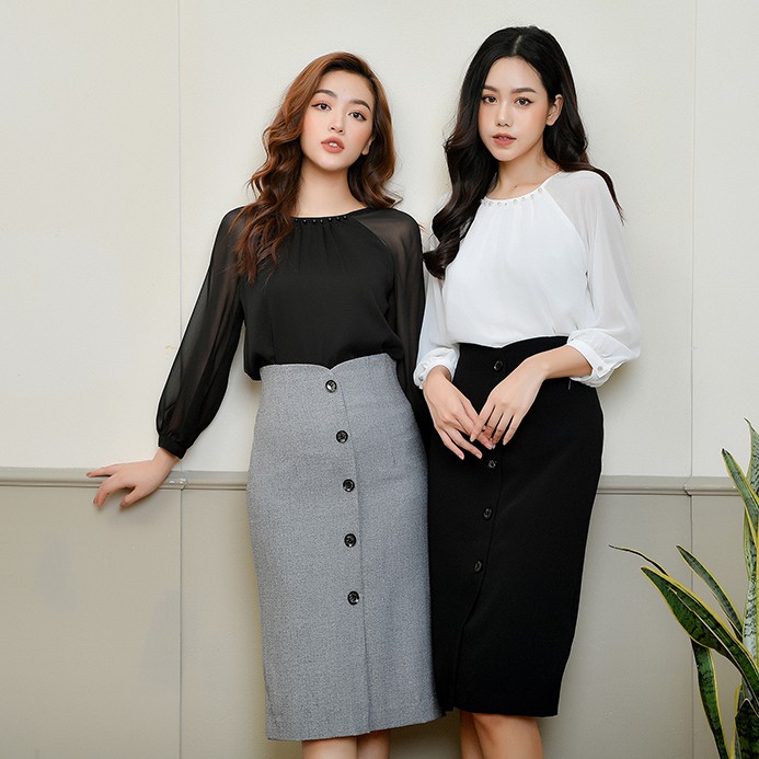 Áo sơ mi kiểu Mila cổ nhún đính hạt
